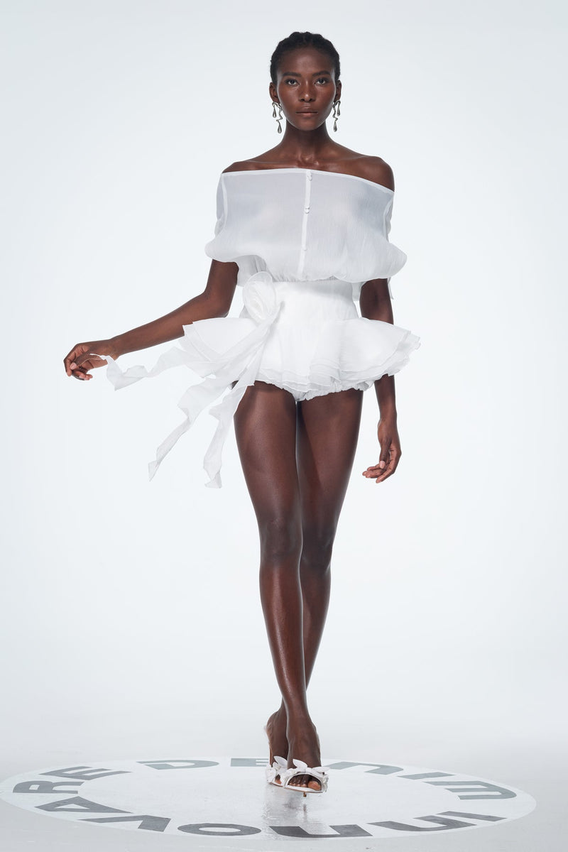 Baatar Backless Ruffle Flower Mini Dress in White