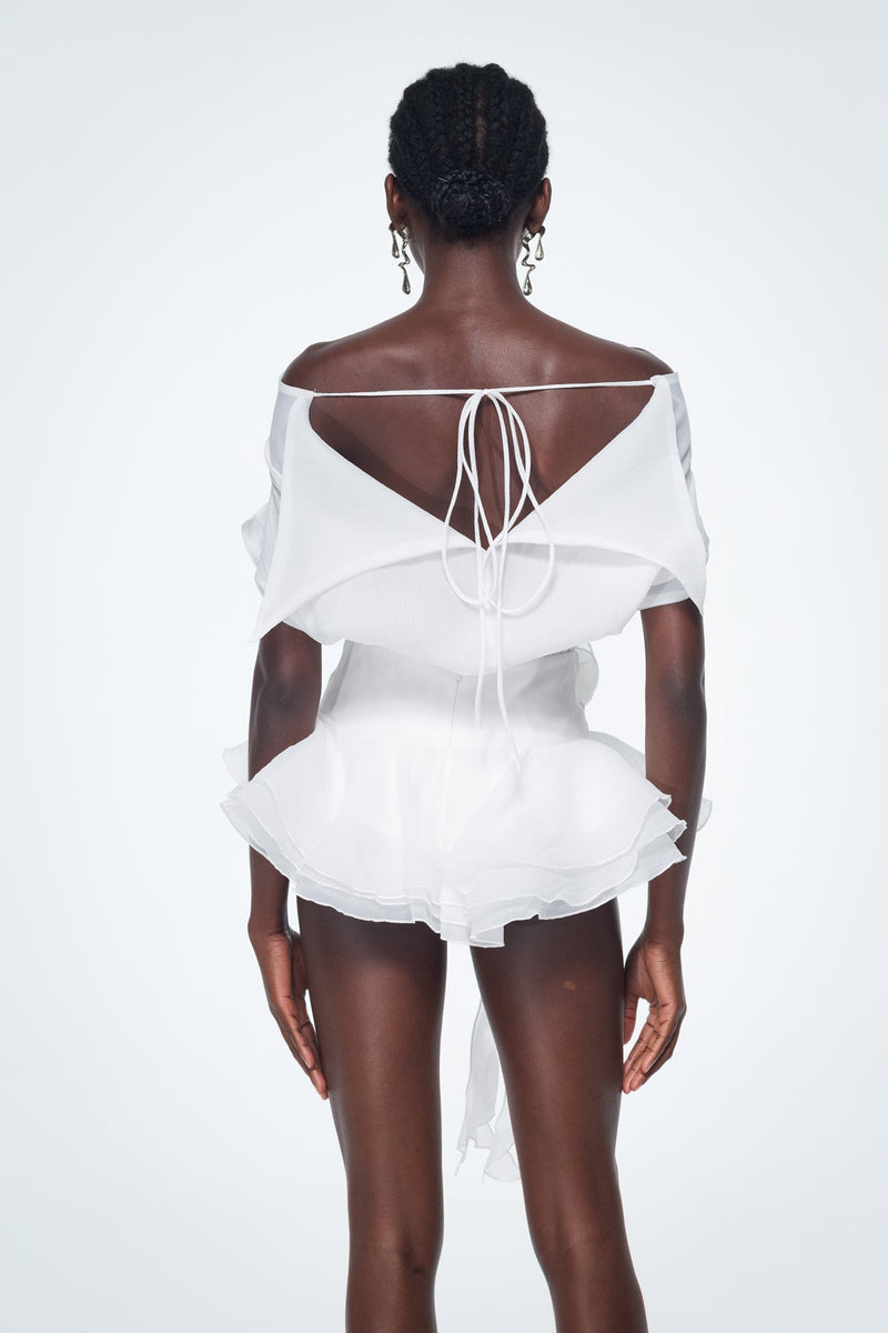 Baatar Backless Ruffle Flower Mini Dress in White