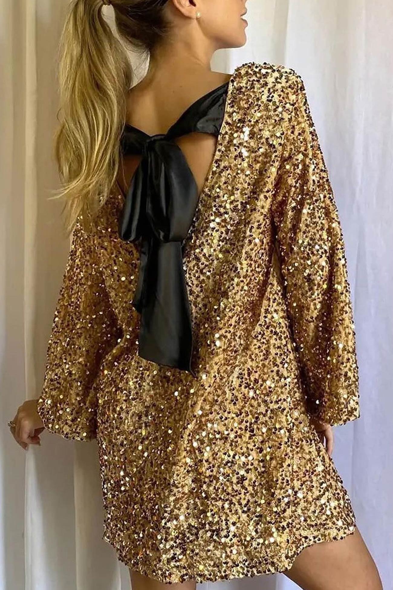 Back Bow Tie Sequin Mini Dress