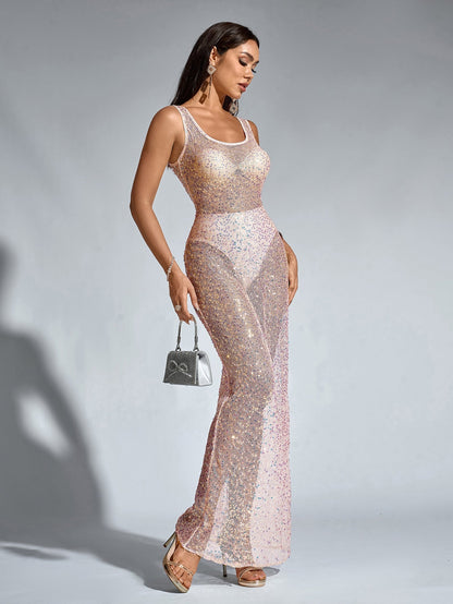 Backless Mesh Sequin Perspective Long Dress(including Underwear)