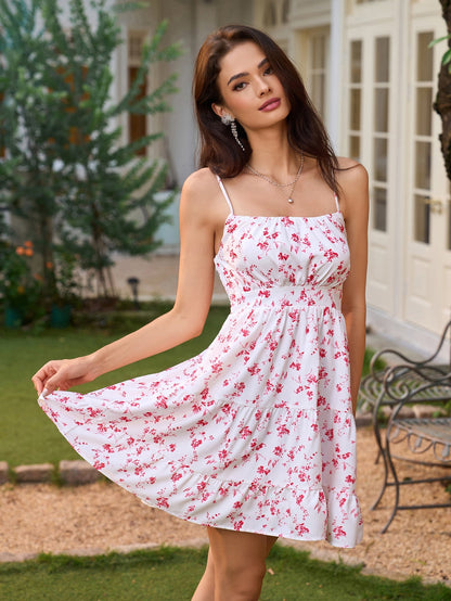 Backless Ruched Print A-line Cami Dress