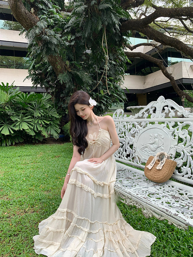 Backless Halter Layered Maxi Dress _ Romantic Beachwear
