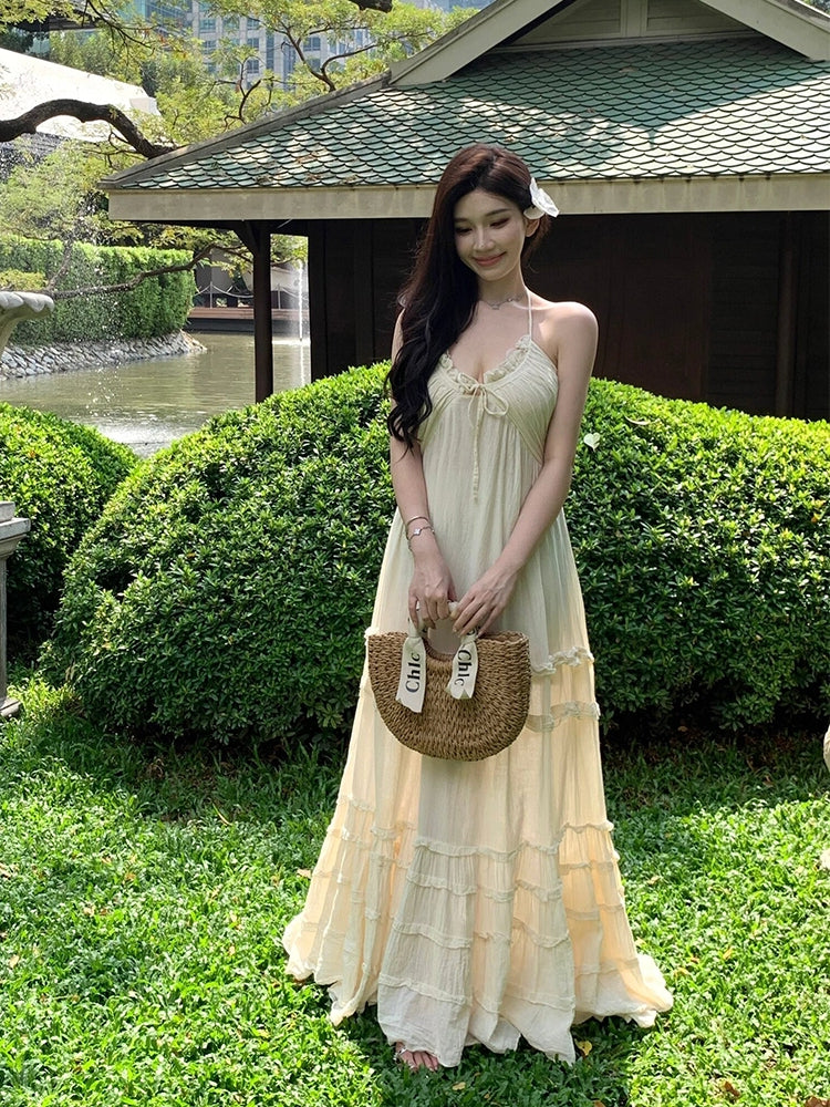 Backless Halter Layered Maxi Dress _ Romantic Beachwear