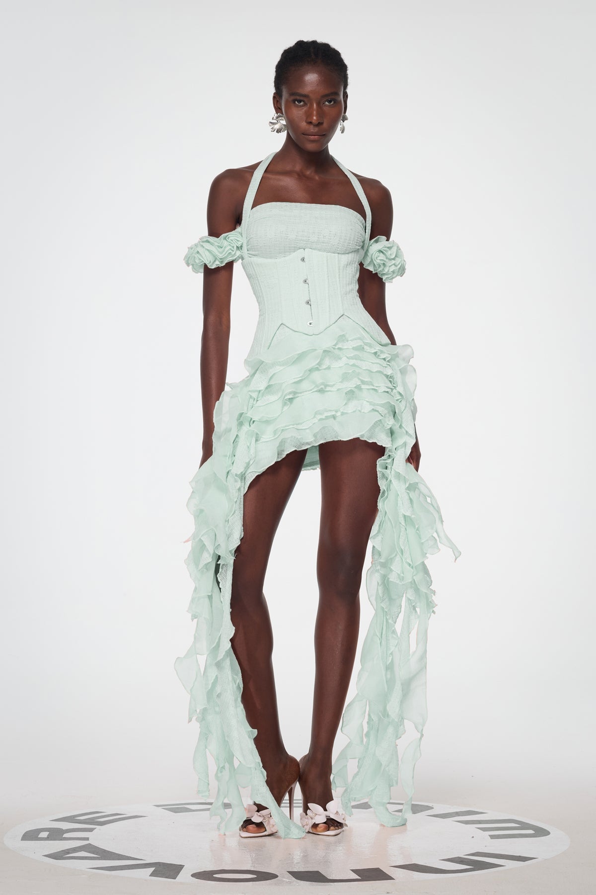 Baha Ruch Ruffle Fringe Mini Dress in Green