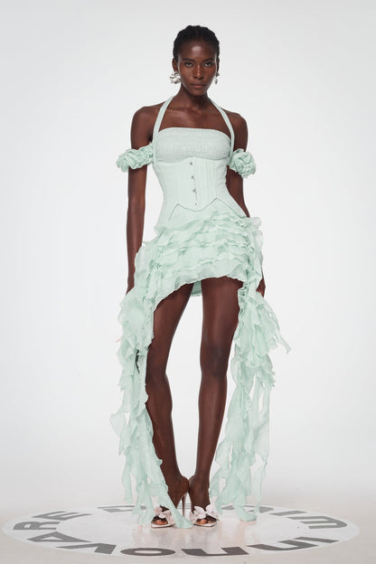 Baha Ruch Ruffle Fringe Mini Dress in Green