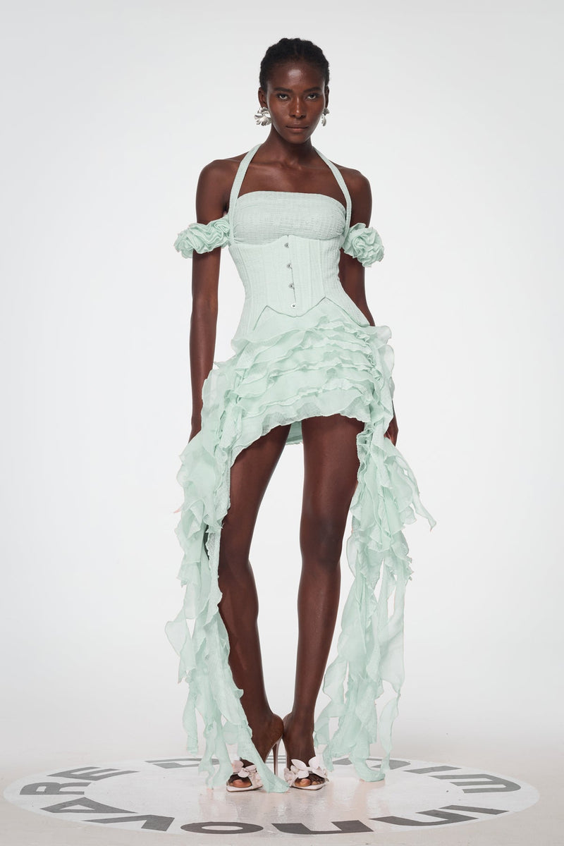 Baha Ruch Ruffle Fringe Mini Dress in Green