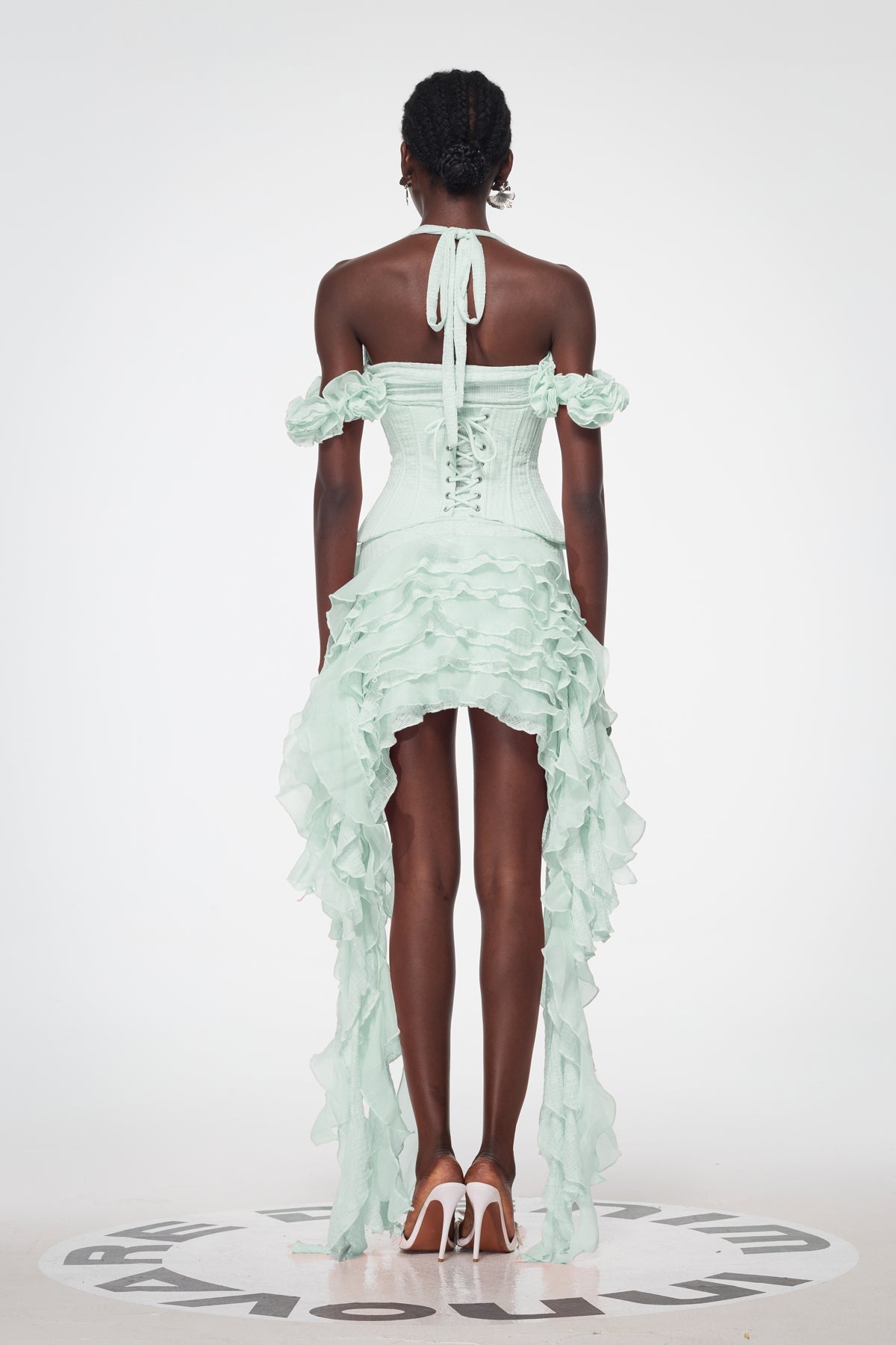 Baha Ruch Ruffle Fringe Mini Dress in Green