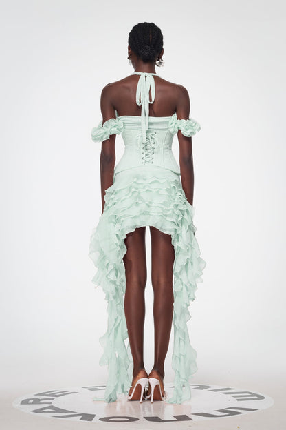 Baha Ruch Ruffle Fringe Mini Dress in Green
