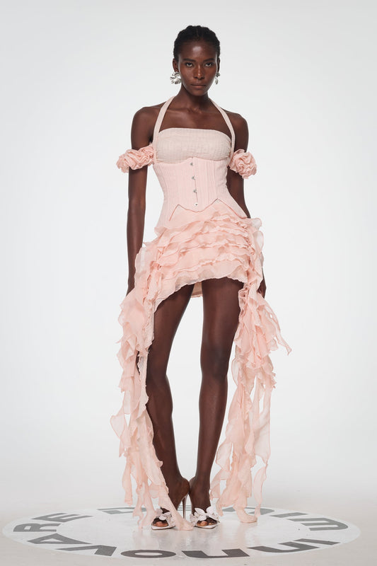 Baha Ruch Ruffle Fringe Mini Dress in Pink