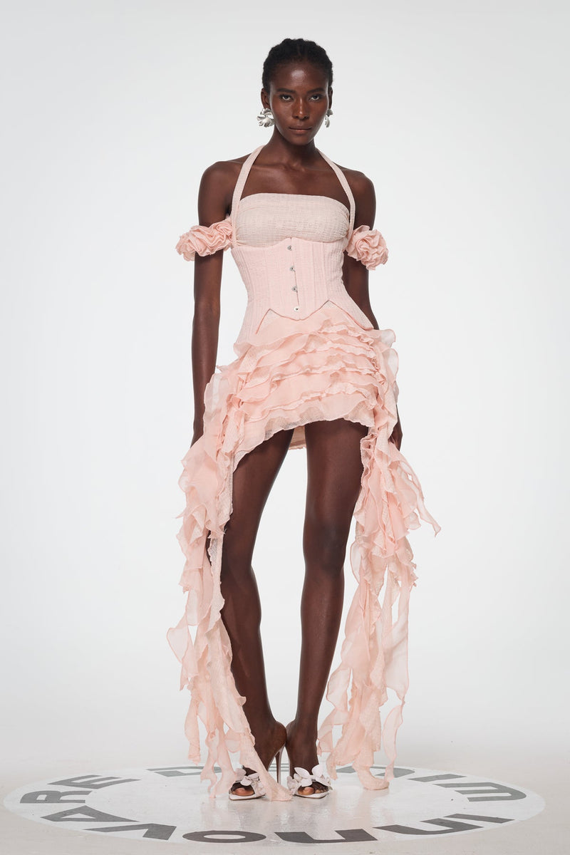Baha Ruch Ruffle Fringe Mini Dress in Pink