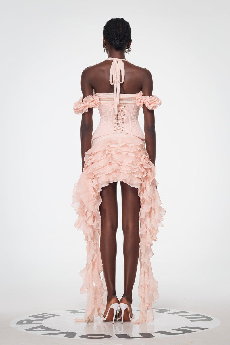 Baha Ruch Ruffle Fringe Mini Dress in Pink