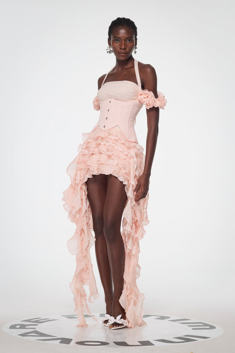 Baha Ruch Ruffle Fringe Mini Dress in Pink