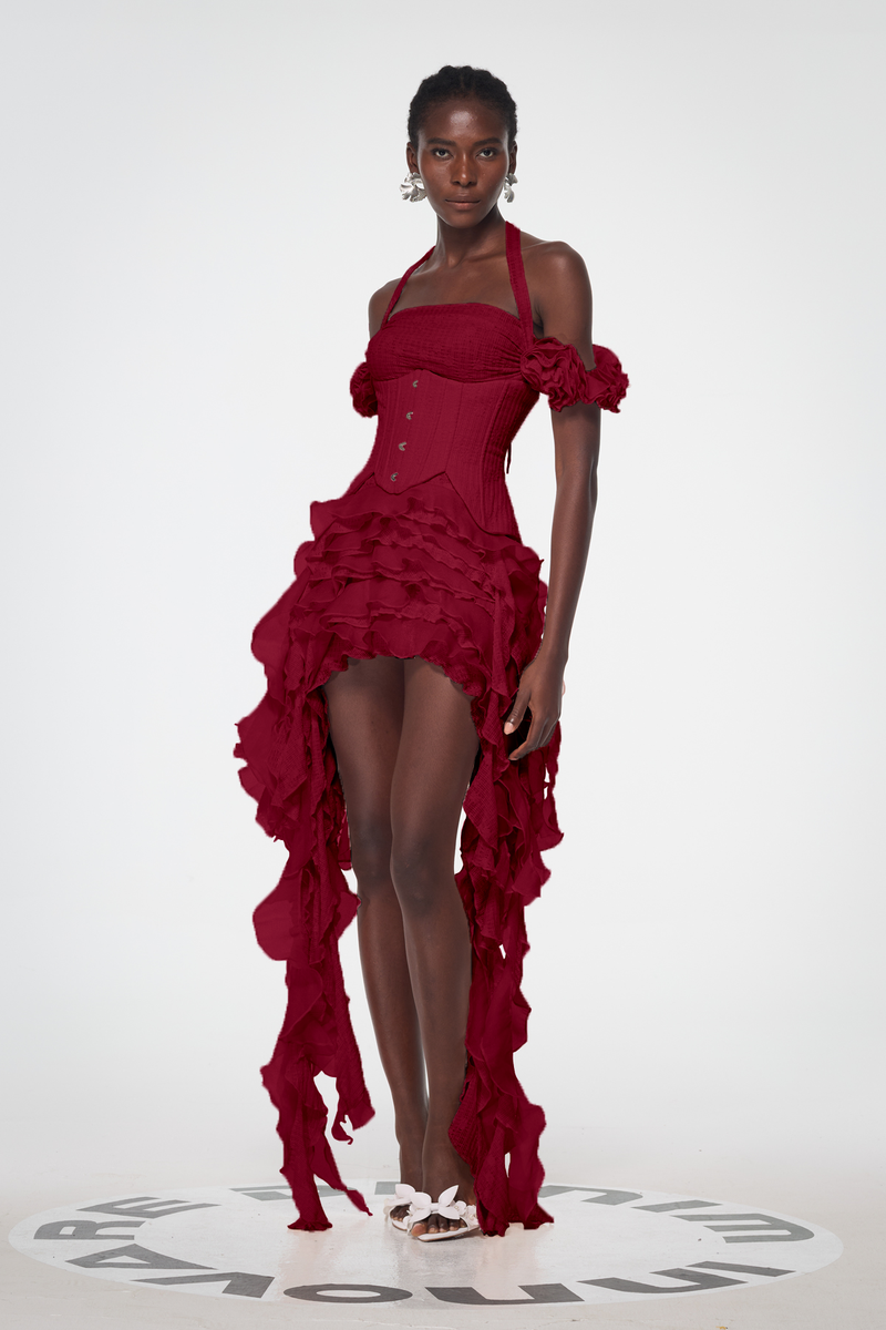 Baha Ruch Ruffle Fringe Mini Dress in Red