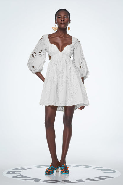 Bahdan Cutout Balloon Sleeve Ruffle Mini Dress in White