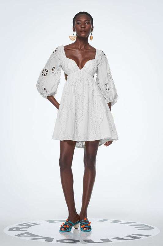 Bahdan Cutout Balloon Sleeve Ruffle Mini Dress in White