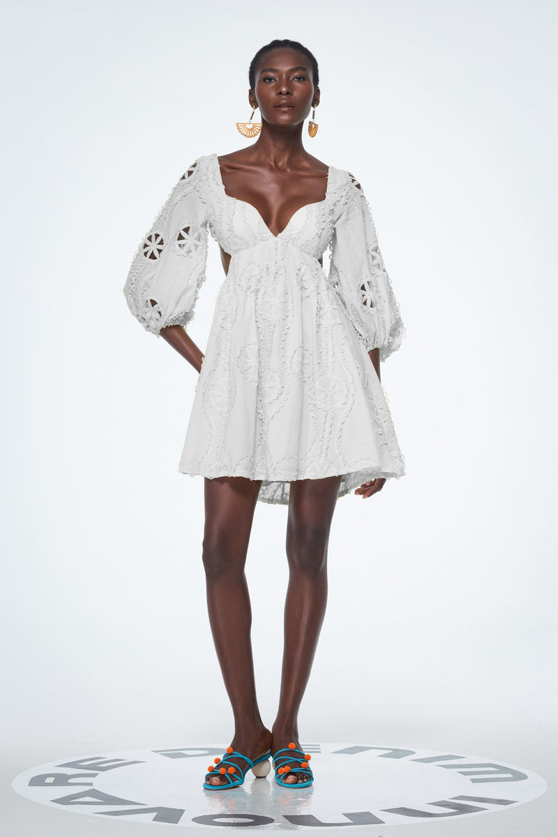 Bahdan Cutout Balloon Sleeve Ruffle Mini Dress in White