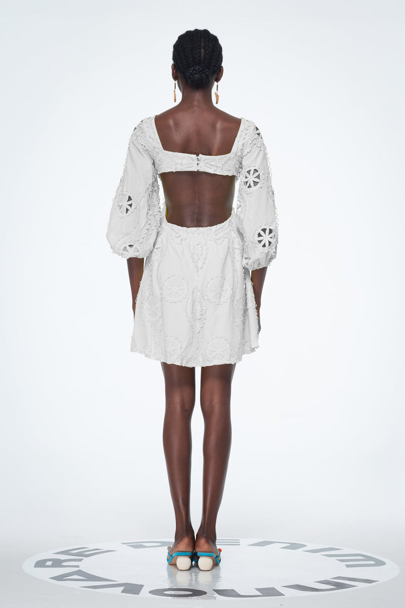 Bahdan Cutout Balloon Sleeve Ruffle Mini Dress in White