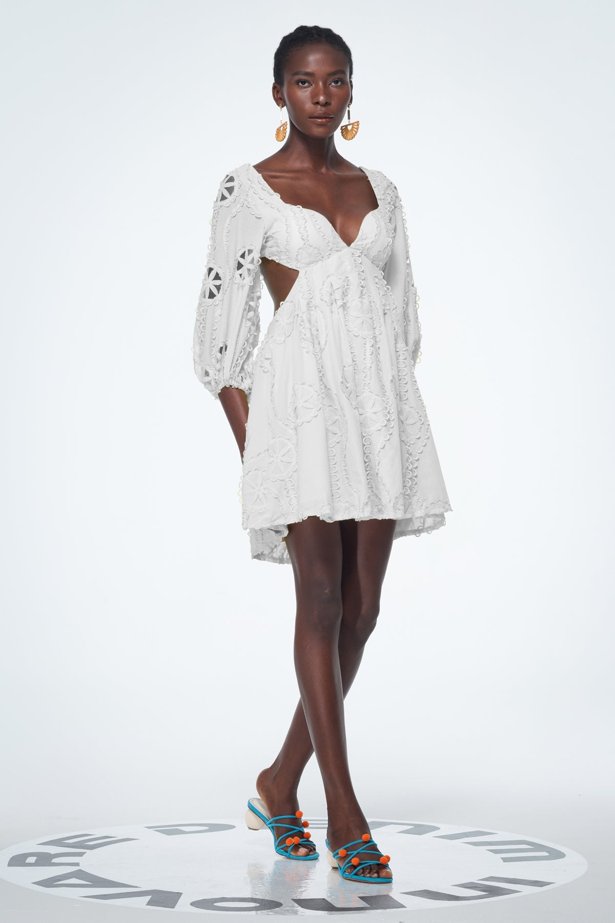 Bahdan Cutout Balloon Sleeve Ruffle Mini Dress in White