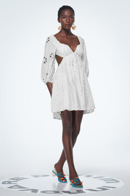 Bahdan Cutout Balloon Sleeve Ruffle Mini Dress in White