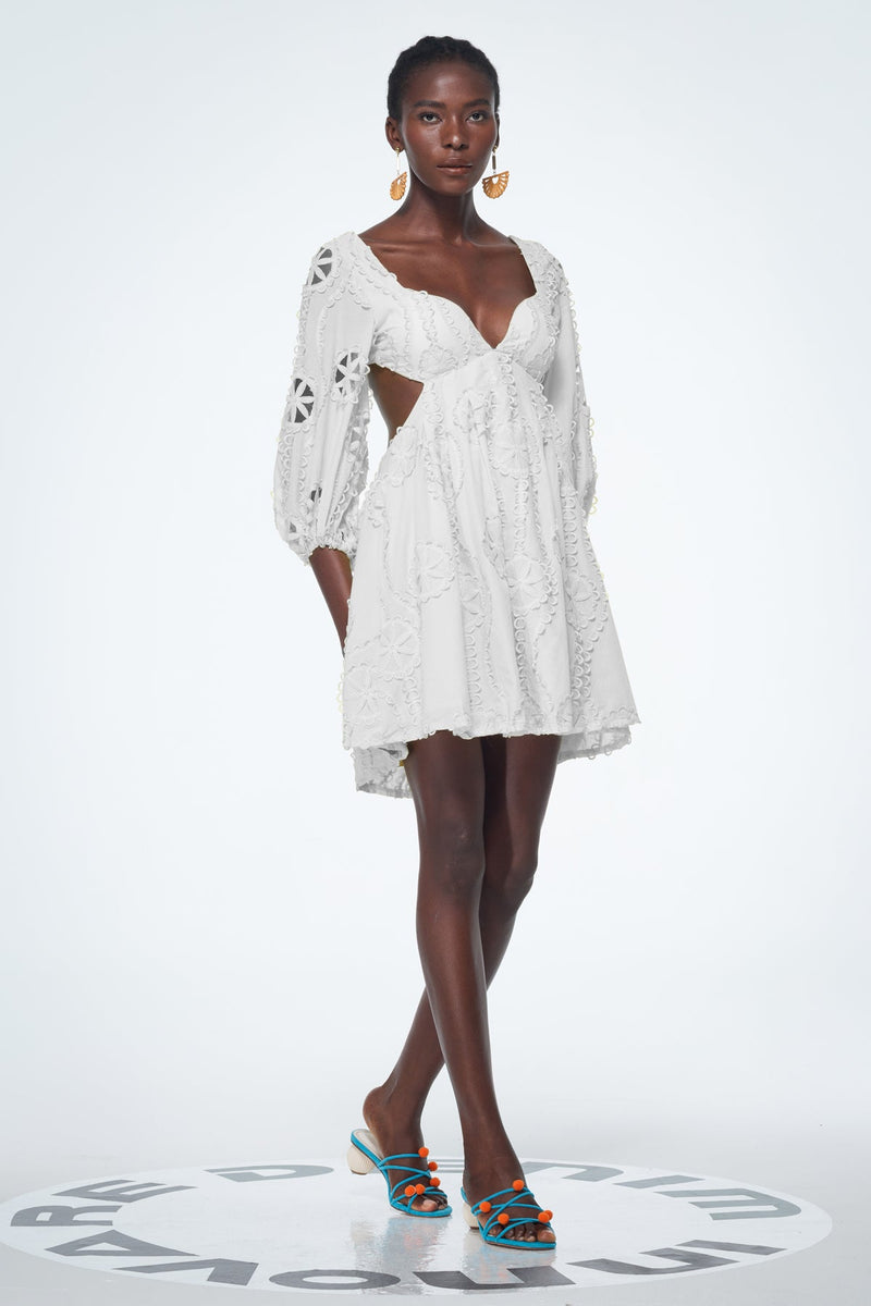 Bahdan Cutout Balloon Sleeve Ruffle Mini Dress in White
