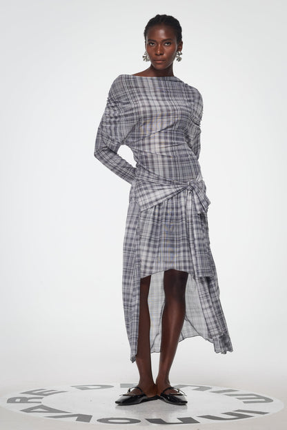 Bahija Plaid Asymmetric Split Maxi Dress