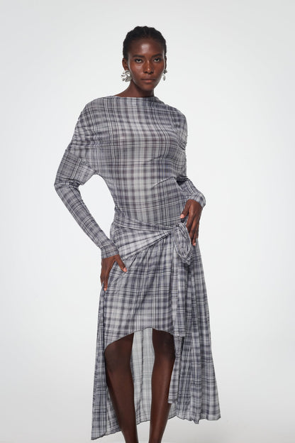 Bahija Plaid Asymmetric Split Maxi Dress