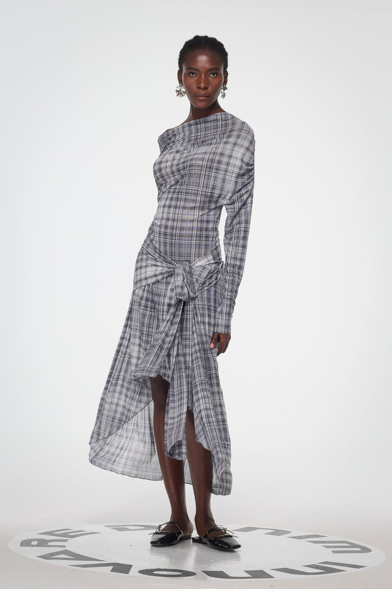 Bahija Plaid Asymmetric Split Maxi Dress