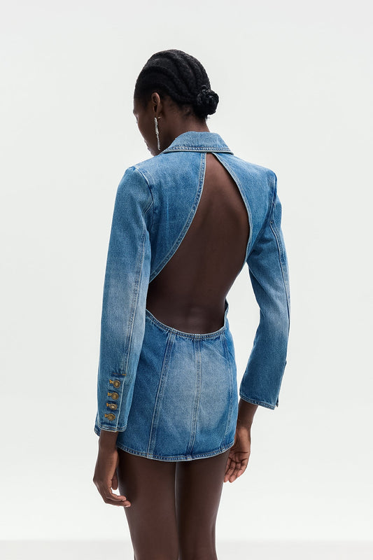 Baldwin Rhinestone Cutout Lapel Denim Mini Dress