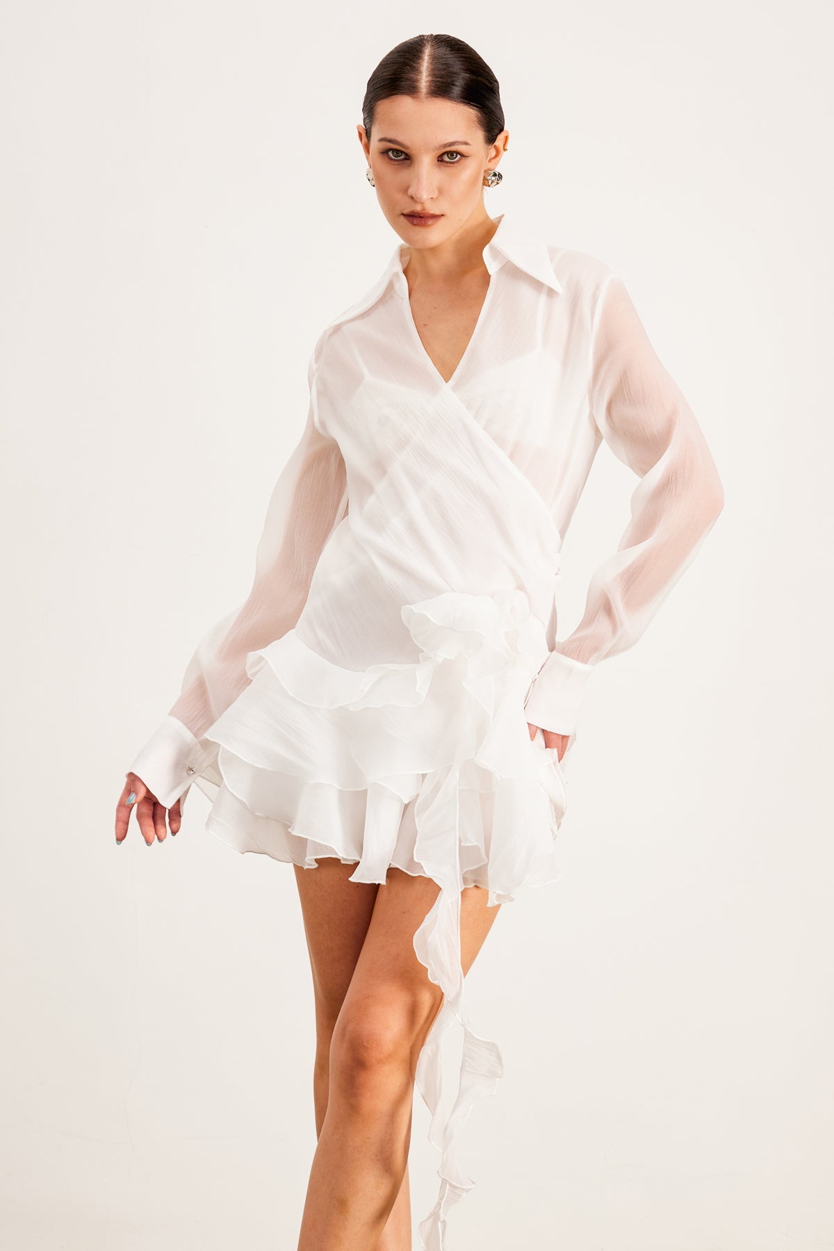 Balfour Ruffle Flower Mini Dress in White