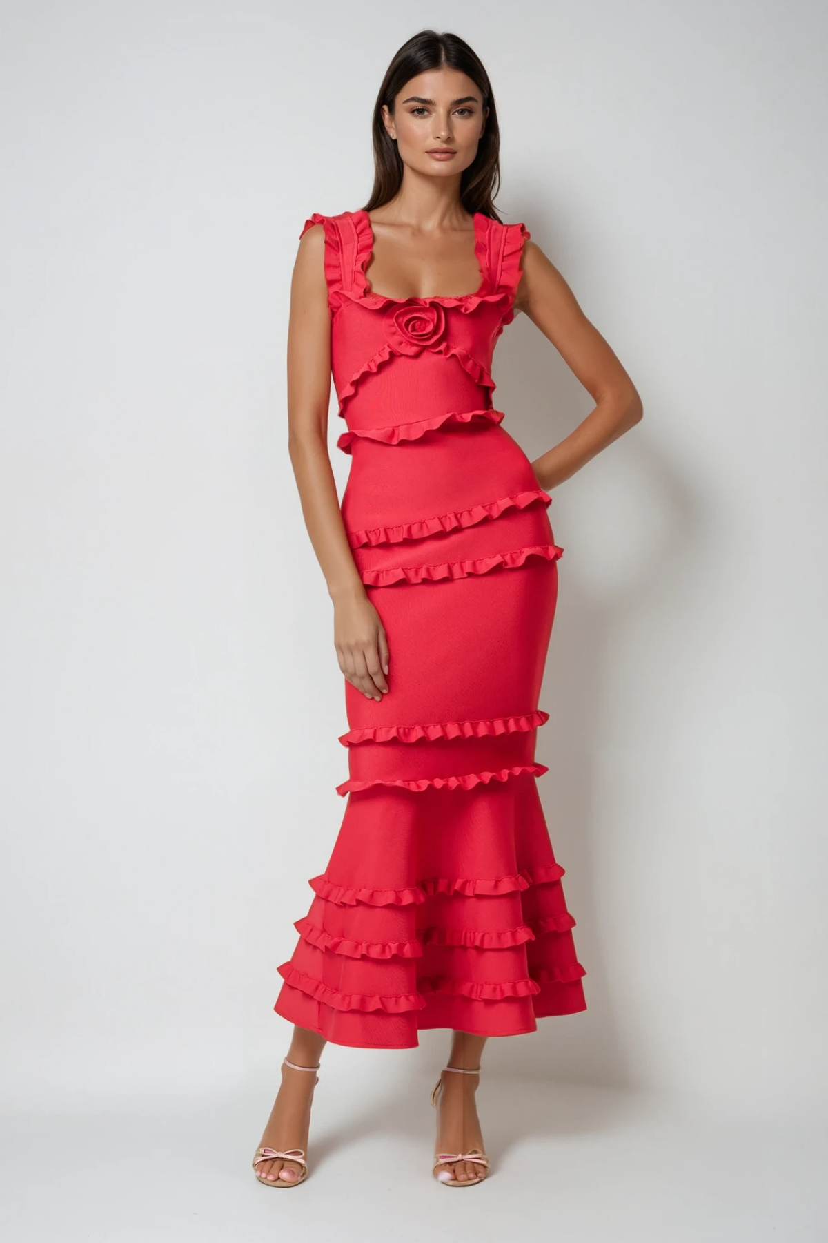 Bartholomaios Ruffle Flower Maxi Dress in Red