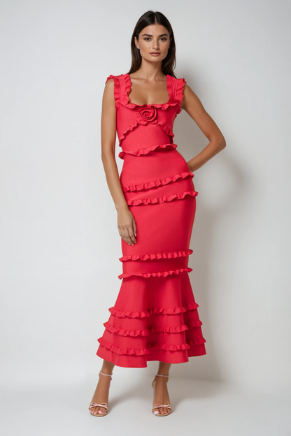 Bartholomaios Ruffle Flower Maxi Dress in Red