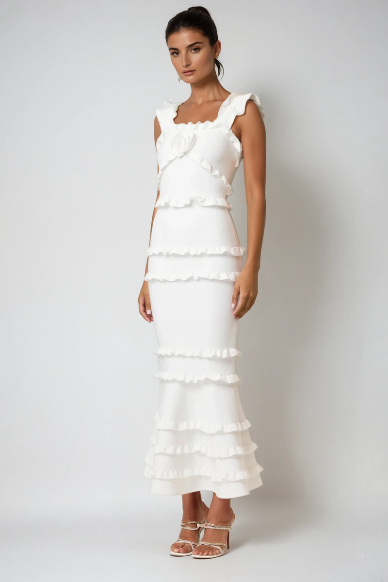 Bartholomaios Ruffle Flower Maxi Dress in White