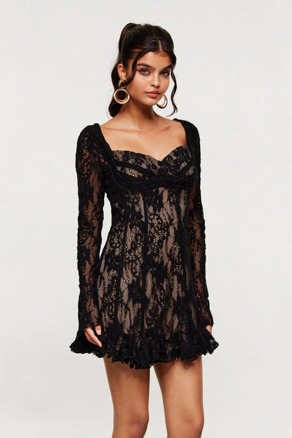 Bartosz Lace Ruffle Mini Dress in Black