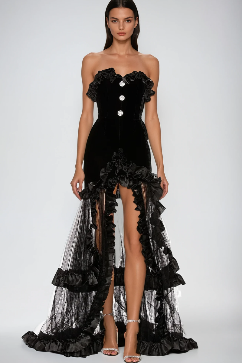 Barukh Ruffle Strapless Mesh Maxi Dress