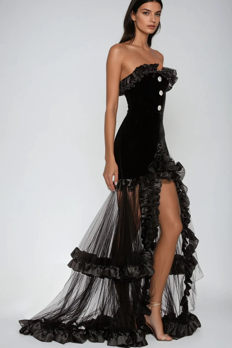 Barukh Ruffle Strapless Mesh Maxi Dress