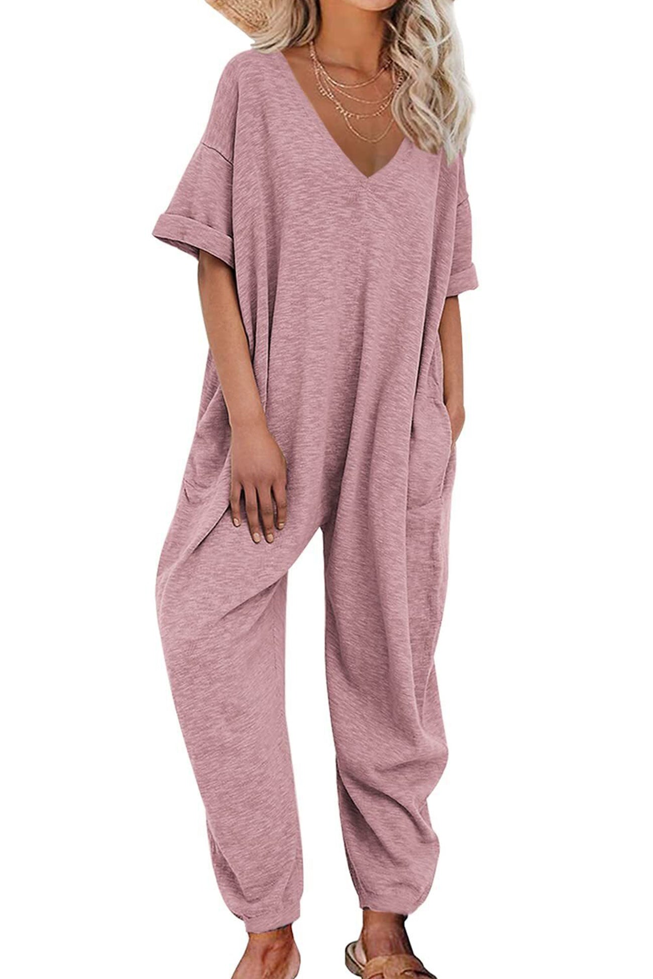 Cotton V Neck Loose Jumpsuits