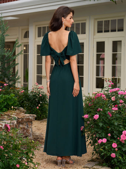 Batwing Sleeve V-neck Bow Tie Back With Pockets Long Dress