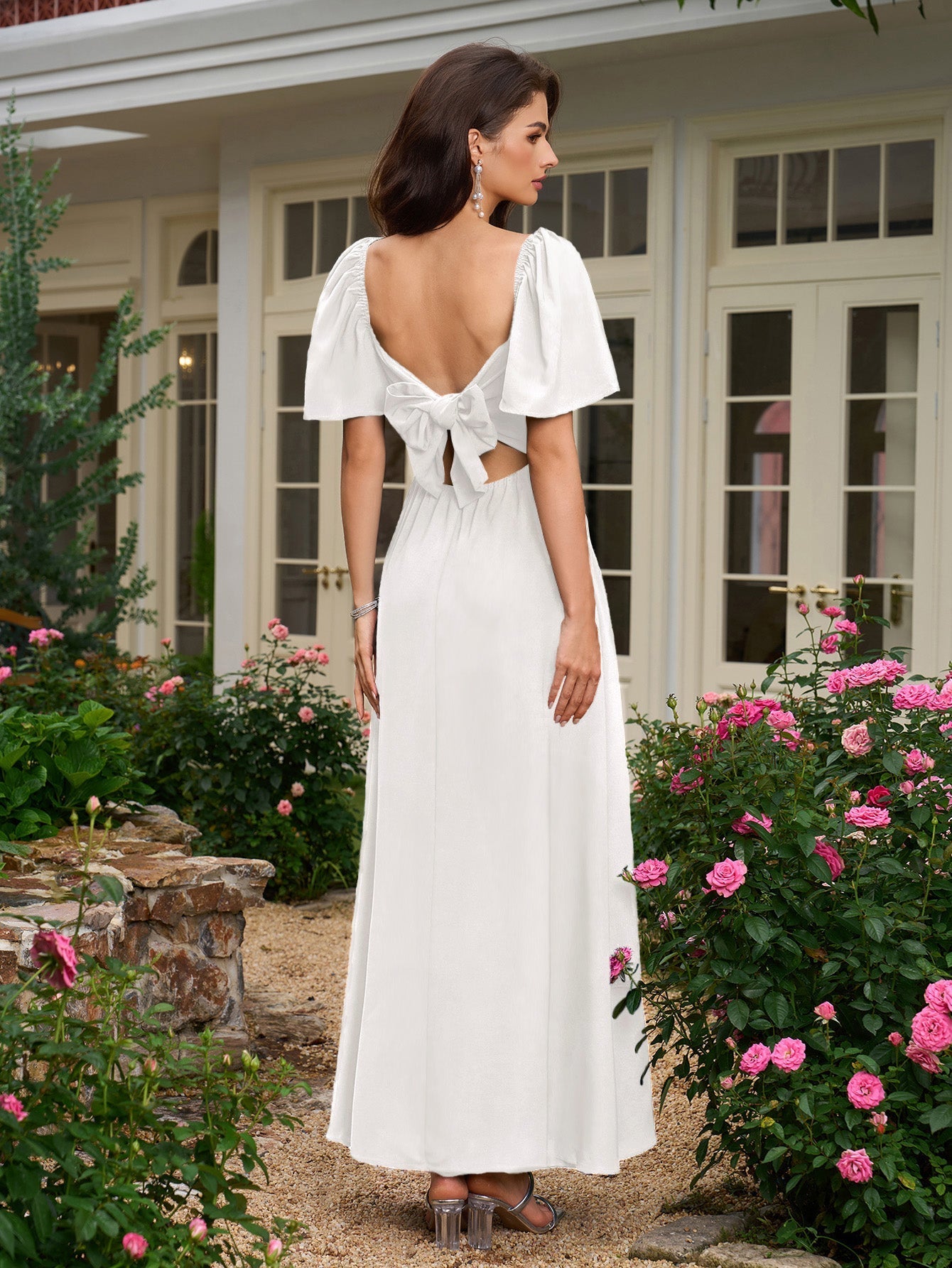 Batwing Sleeve V-neck Bow Tie Back With Pockets Long Dress