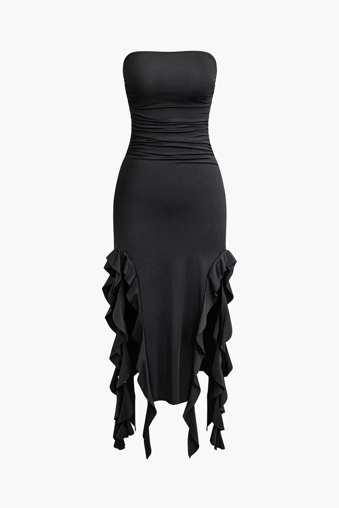 Bayley Black Ruffle Hem Ruched Tube Maxi Dress