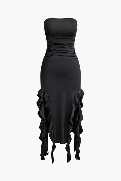 Bayley Black Ruffle Hem Ruched Tube Maxi Dress
