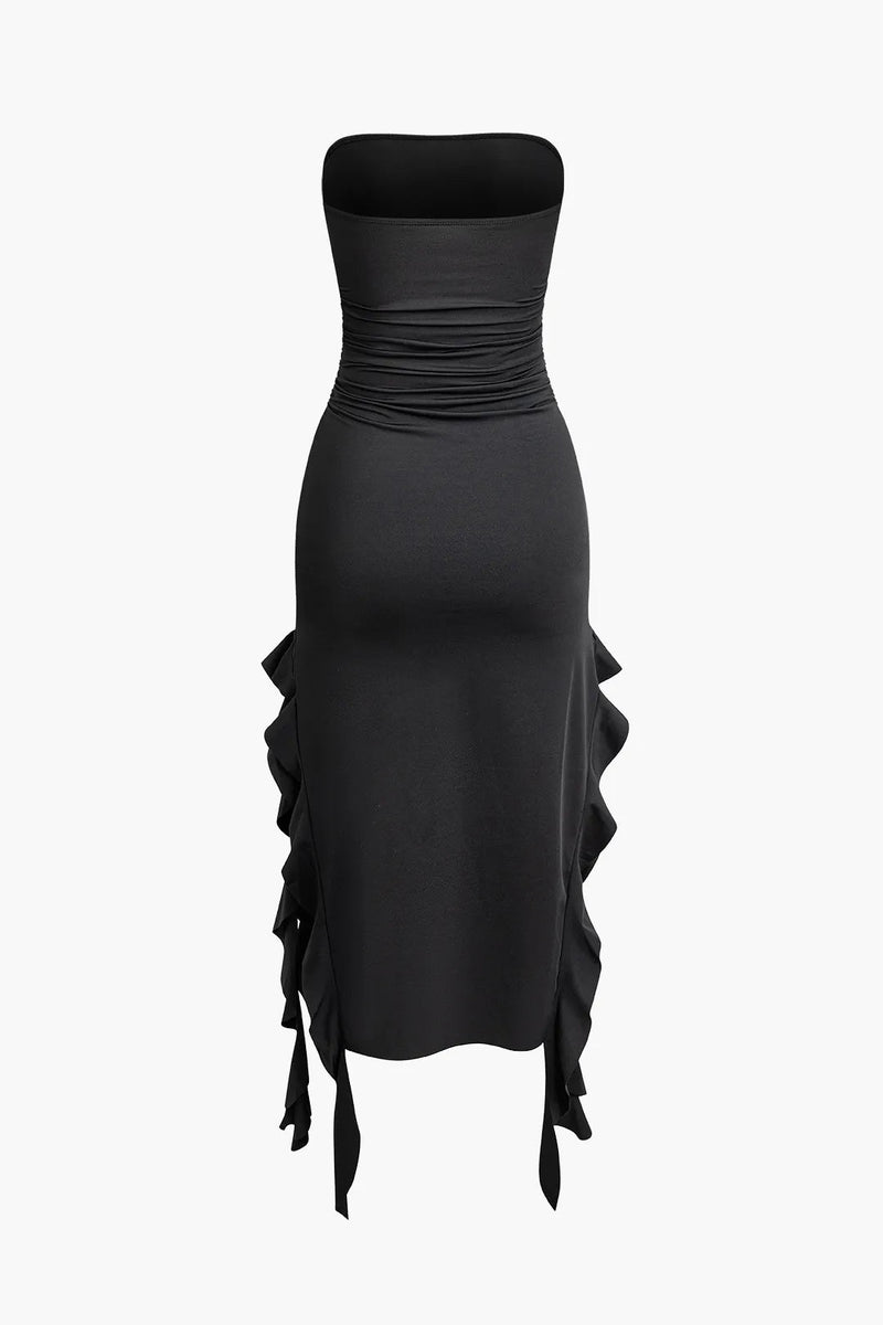 Bayley Black Ruffle Hem Ruched Tube Maxi Dress