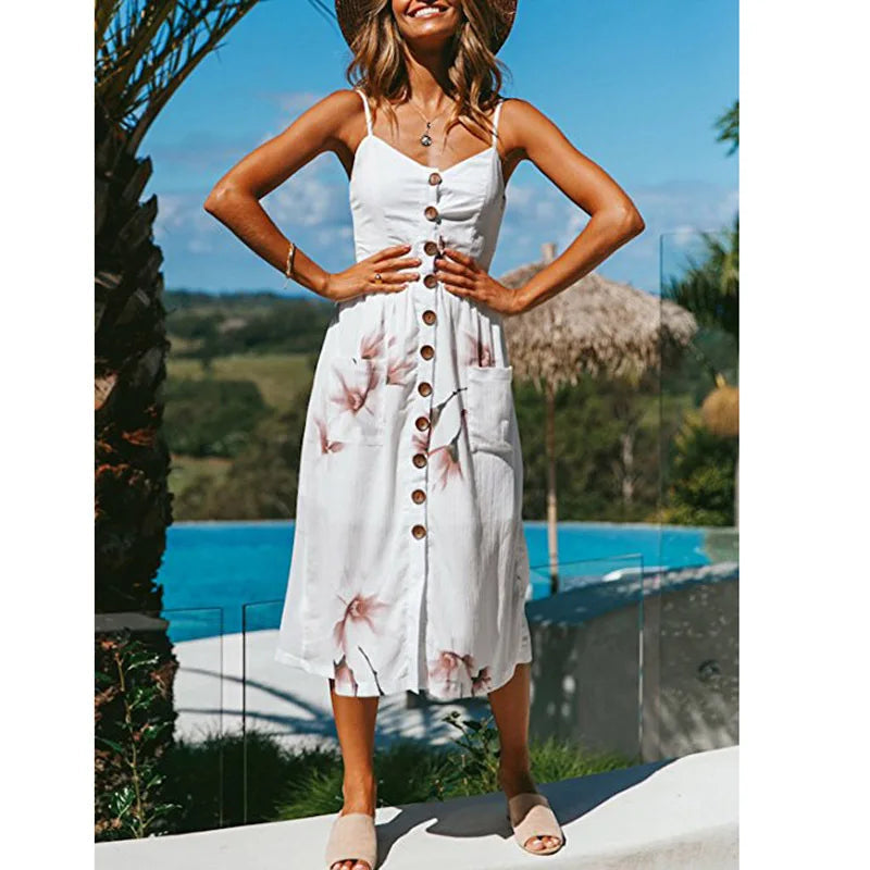Beach Printing Suspenders Robe V-neck Seeveless Vestiti Donna Midi Dresses