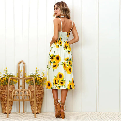 Beach Printing Suspenders Robe V-neck Seeveless Vestiti Donna Midi Dresses