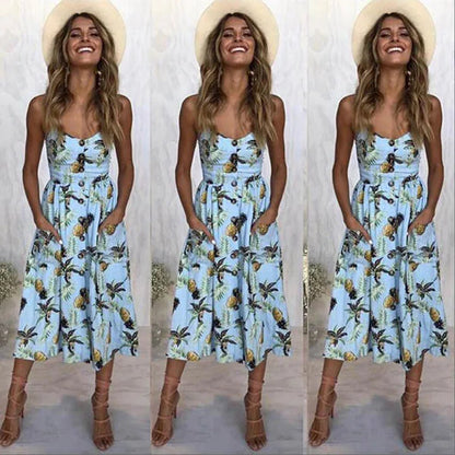 Beach Printing Suspenders Robe V-neck Seeveless Vestiti Donna Midi Dresses