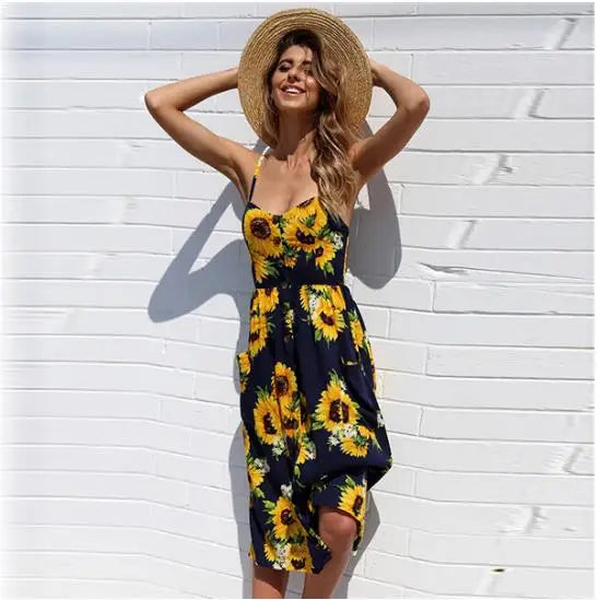 Beach Printing Suspenders Robe V-neck Seeveless Vestiti Donna Midi Dresses