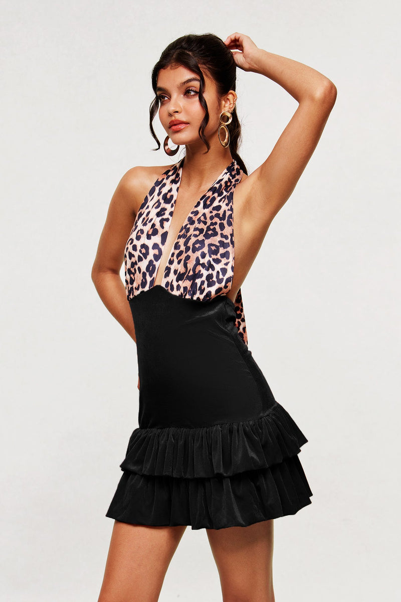 Beale Leopard Plunge Ruffle Mini Dress in Black