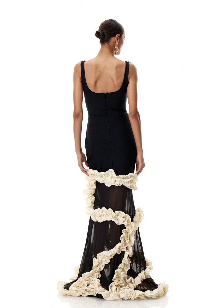 Beckah Mesh Ruffle Asymmetric Maxi Dress