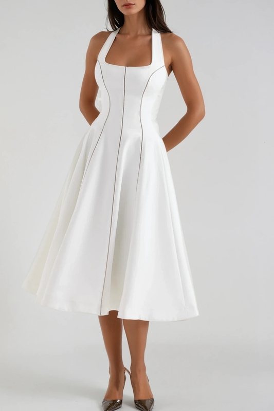 Beckham Halter Neck Stripe Ruffle Midi Dress