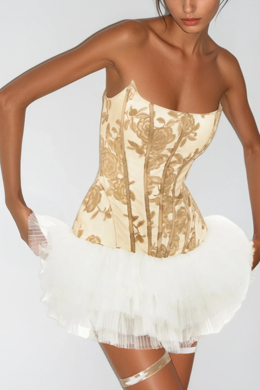 Beda Strapless Mesh Ruch Mini Dress in Yellow