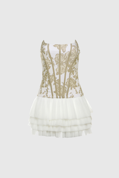 Beda Strapless Mesh Ruch Mini Dress in Yellow